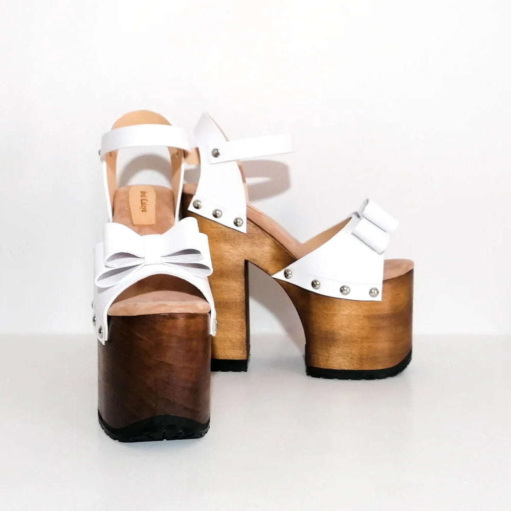 White Bow - Studded Wooden Platform Sandals