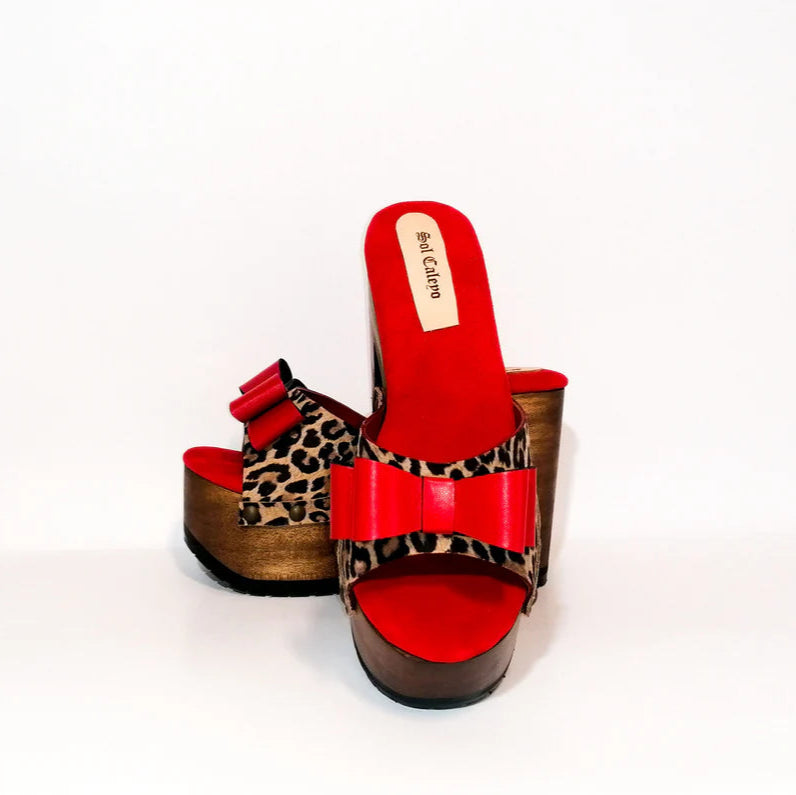 Leopard - Print Bow - Accent Platform Mules