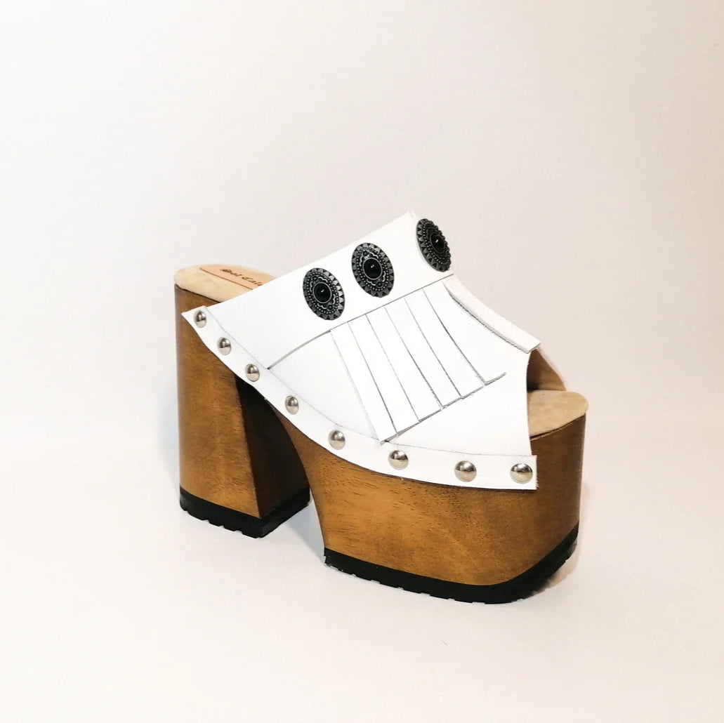 White Fringe Platform Sandals with Wooden Heels