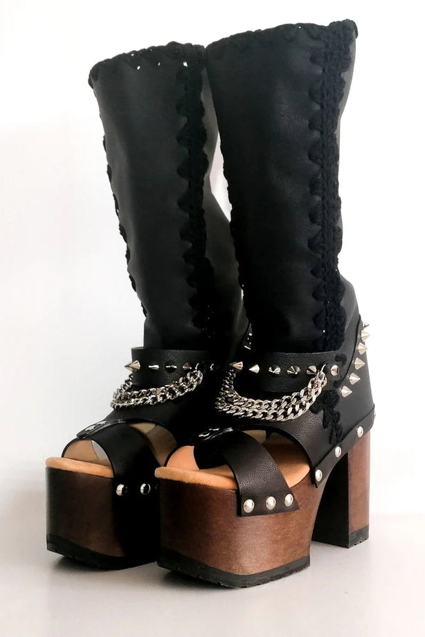 Black Leather Chain - Accent Platform Gladiator Sandals
