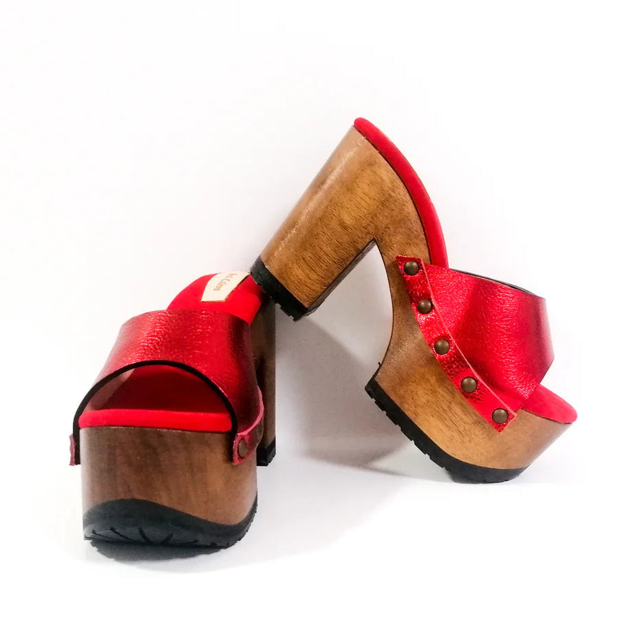 Red Metallic Leather Wooden Clog Mules