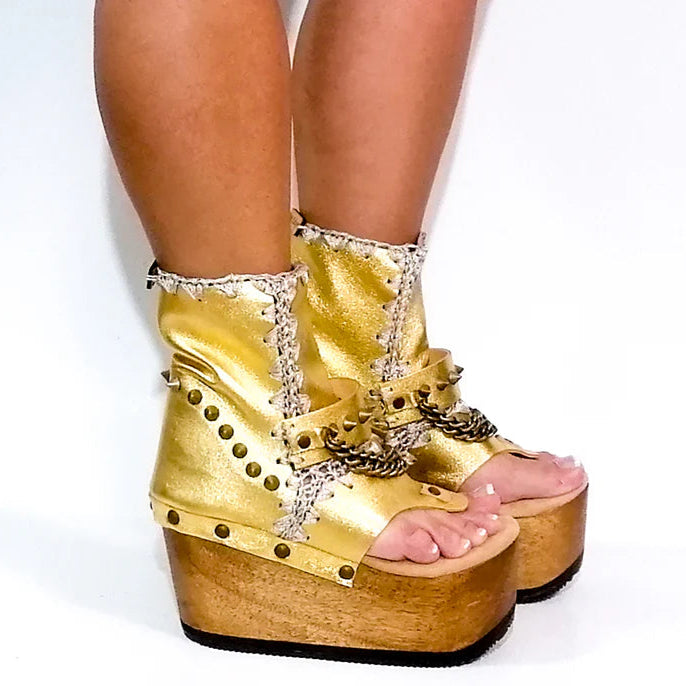 Gold - Embellished Chain - Strap Platform Gladiator Sandals