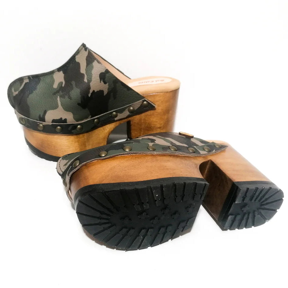 Camo - Print Studded Platform Clog Mules