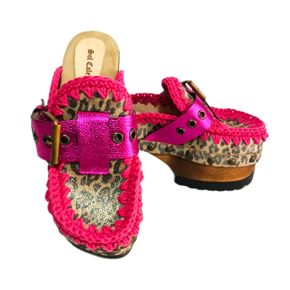 Pink Crochet & Leopard - Print Clogs