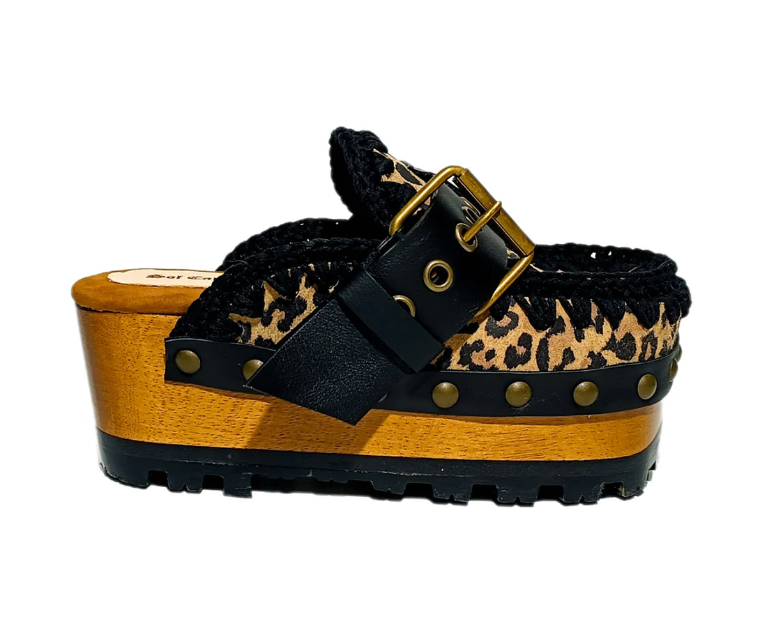 Leopard - Print Crochet - Trimmed Platform Clog Mules