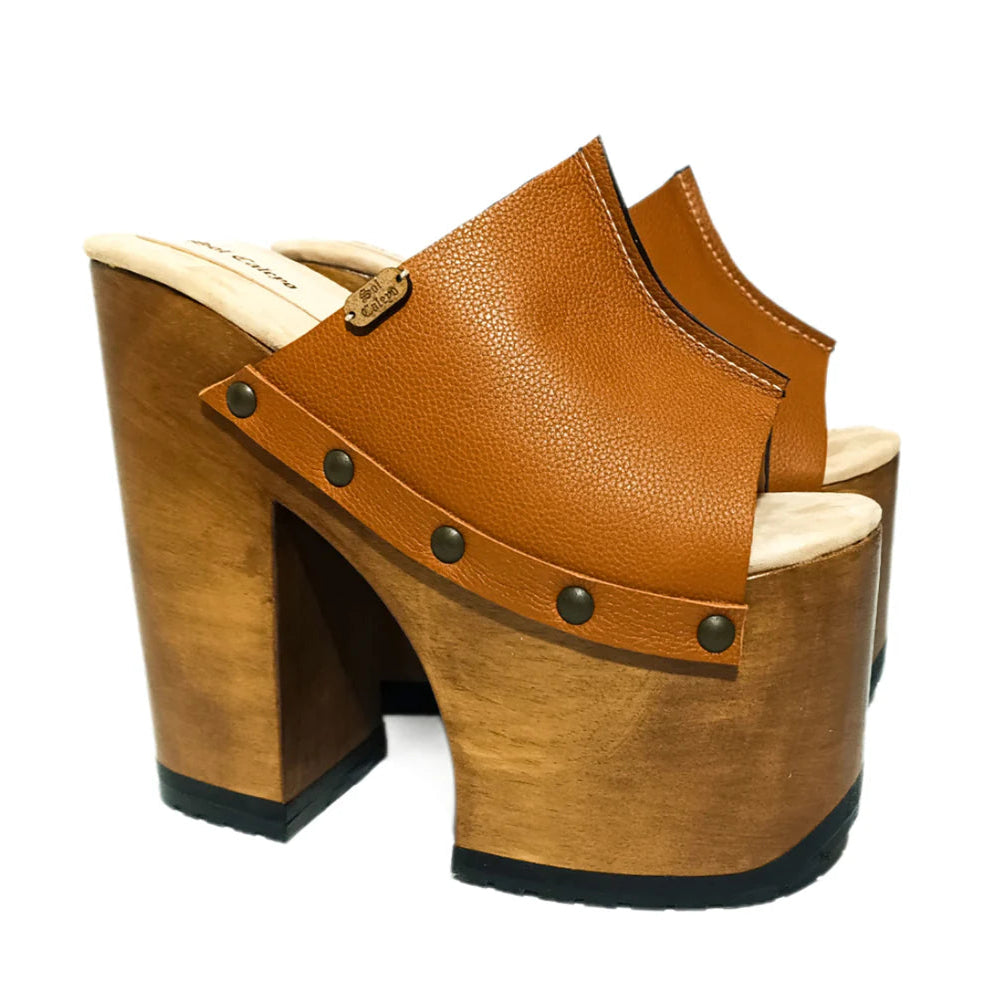 Brown Leather Platform Mule Sandals