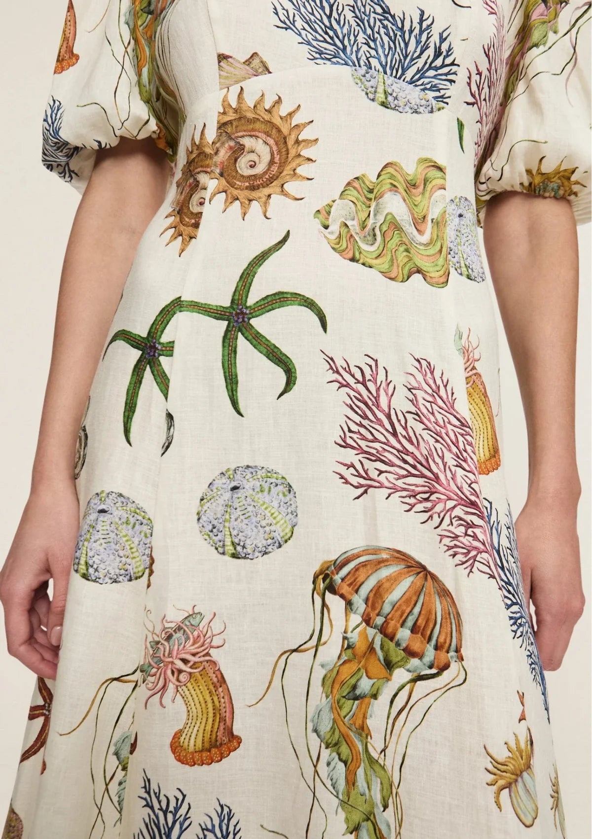 Marine - Themed Printed Puff - Sleeve Midi Dress