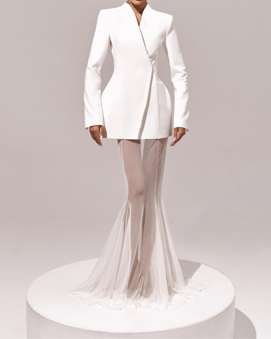 White Sheer - Sleeve Crop Top & Mesh Mermaid Skirt Set