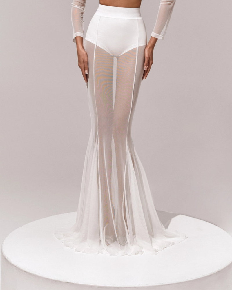 White Sheer - Sleeve Crop Top & Mesh Mermaid Skirt Set