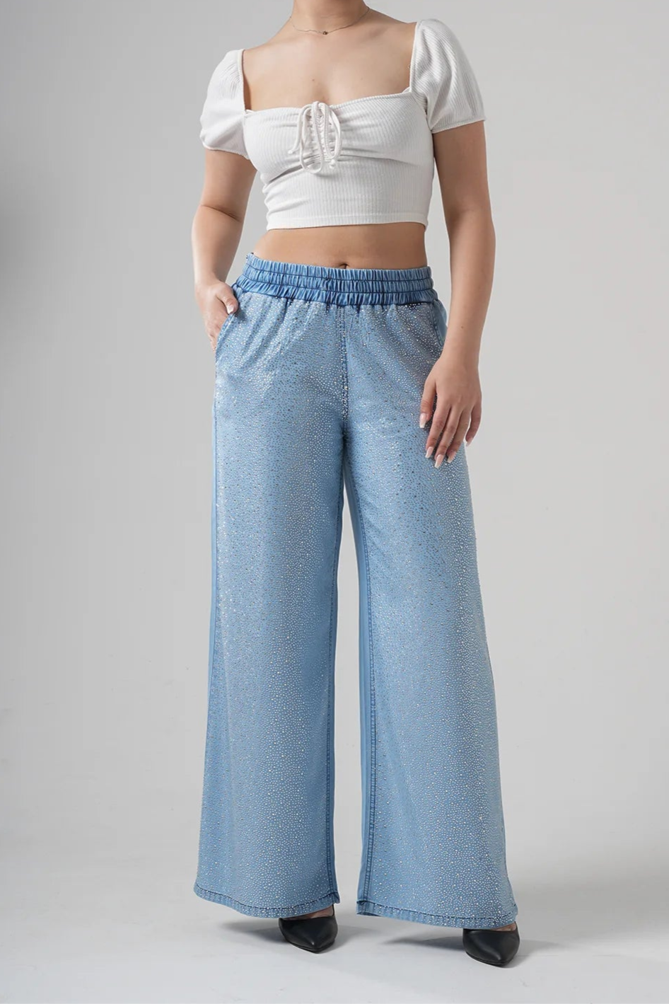 Rhinestone - Embellished Wide - Leg Pants