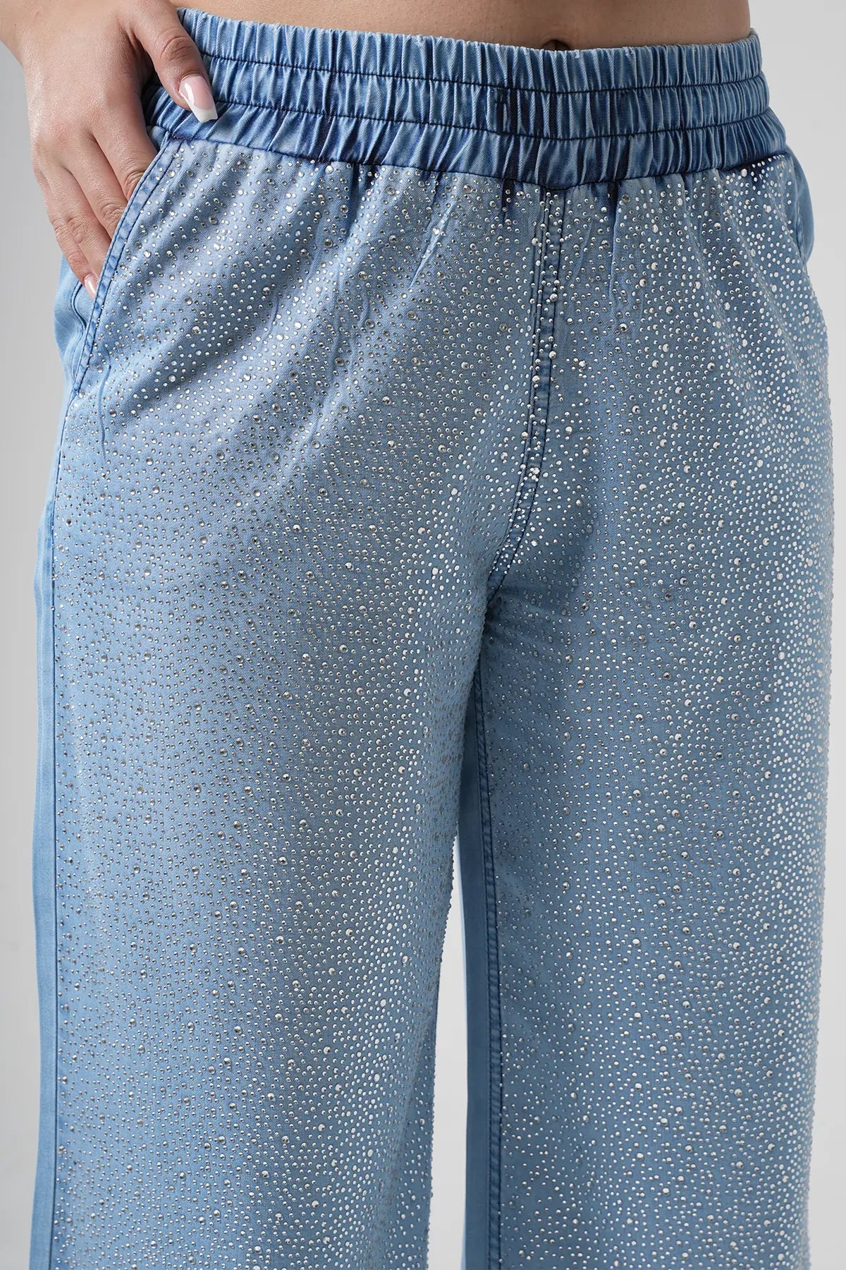 Rhinestone - Embellished Wide - Leg Pants