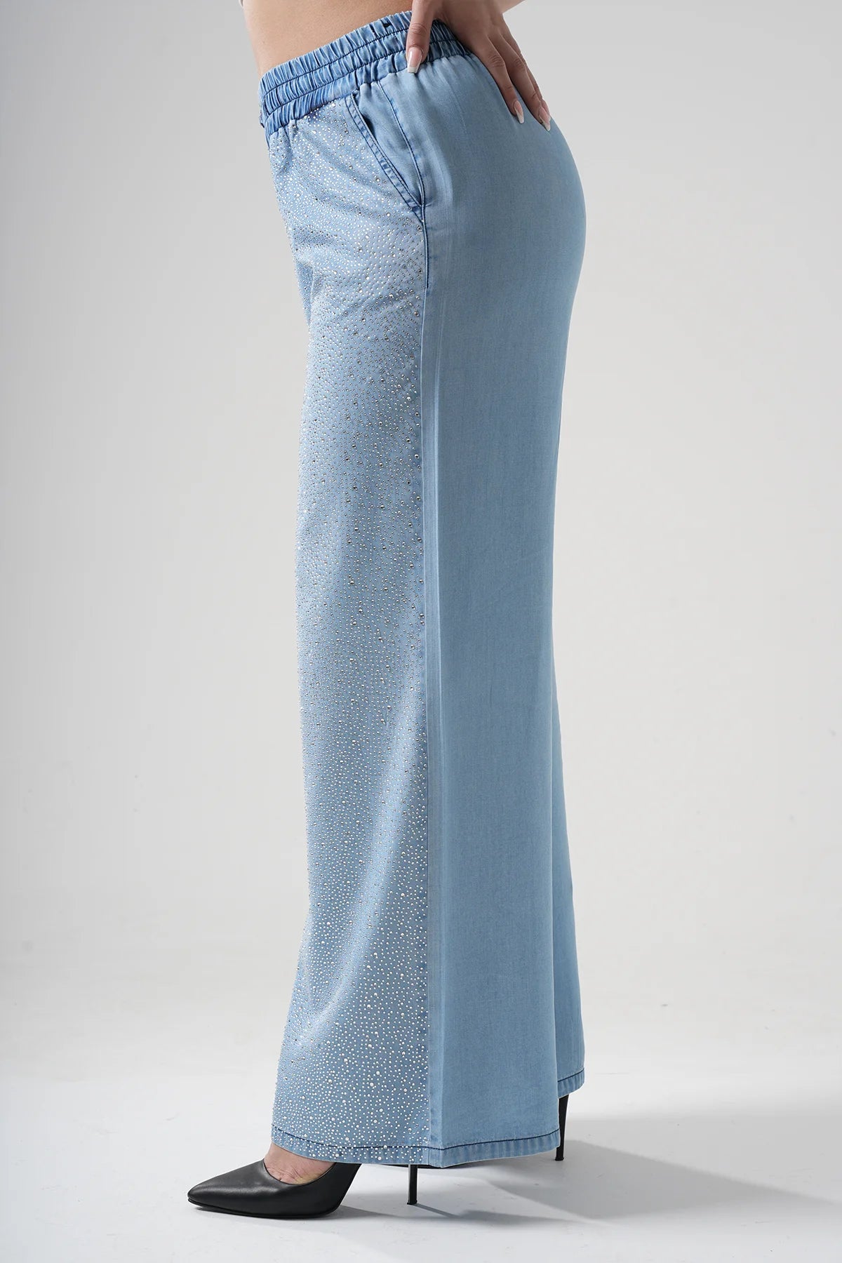Rhinestone - Embellished Wide - Leg Pants