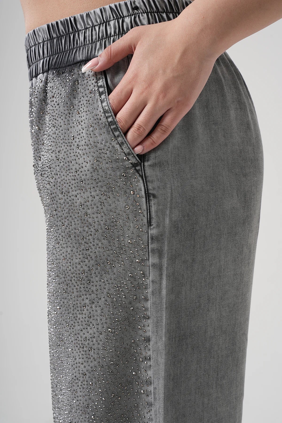 Rhinestone - Embellished Wide - Leg Pants