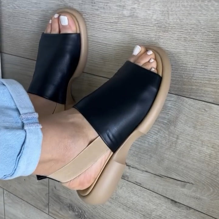 Textured Slide Mule – Elasticized Lift & Cork Sole