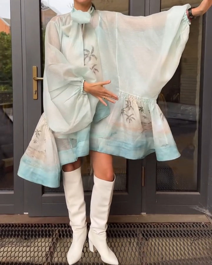 Bow Lantern Sleeves Sea View Coconut Print Dress