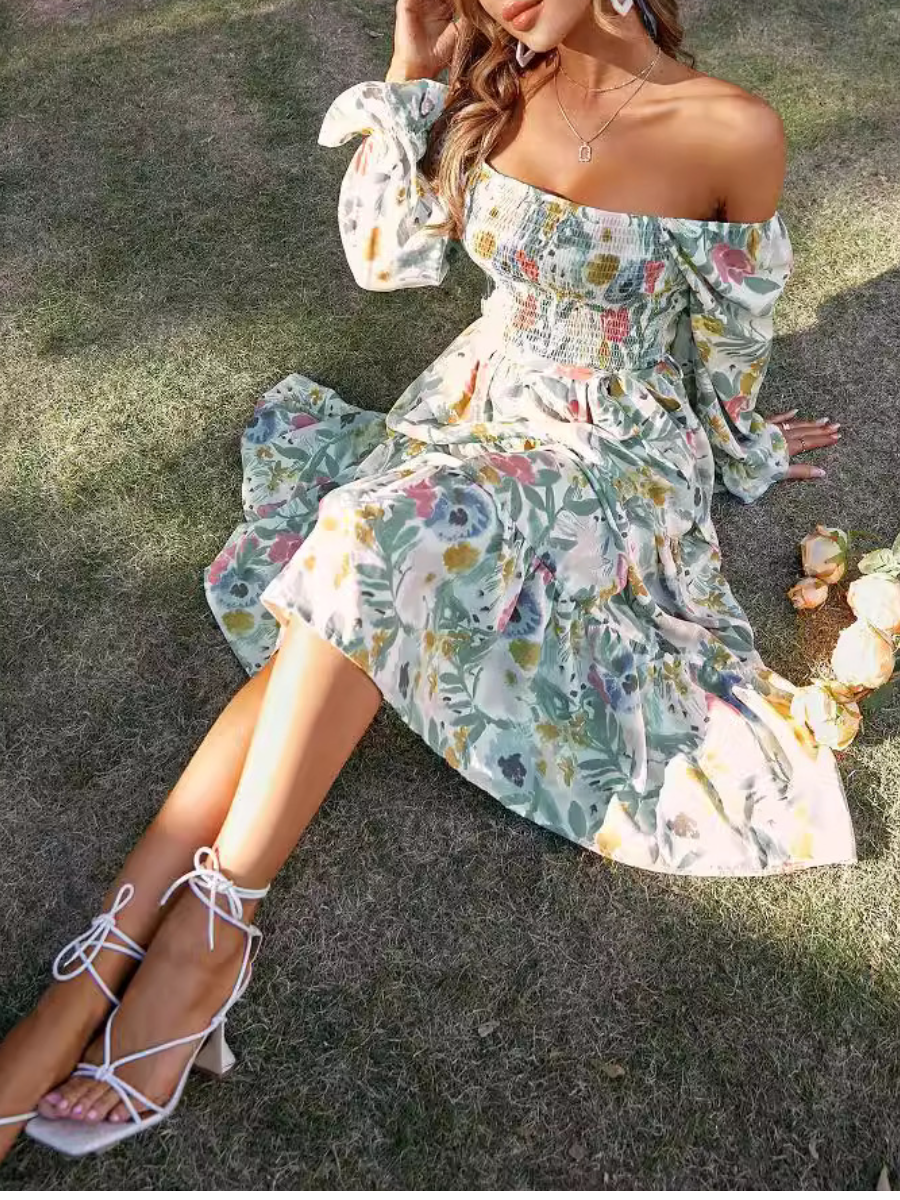 Square Collar High Waist Horn Loose Dress