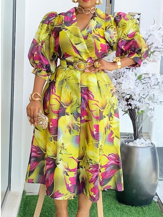 Three-dimensional Flower V-neck Dress