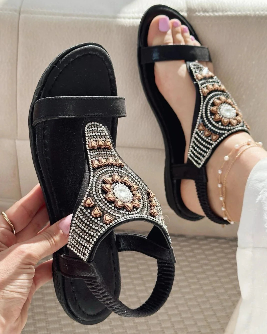 Embellished T - Strap Flat Sandals