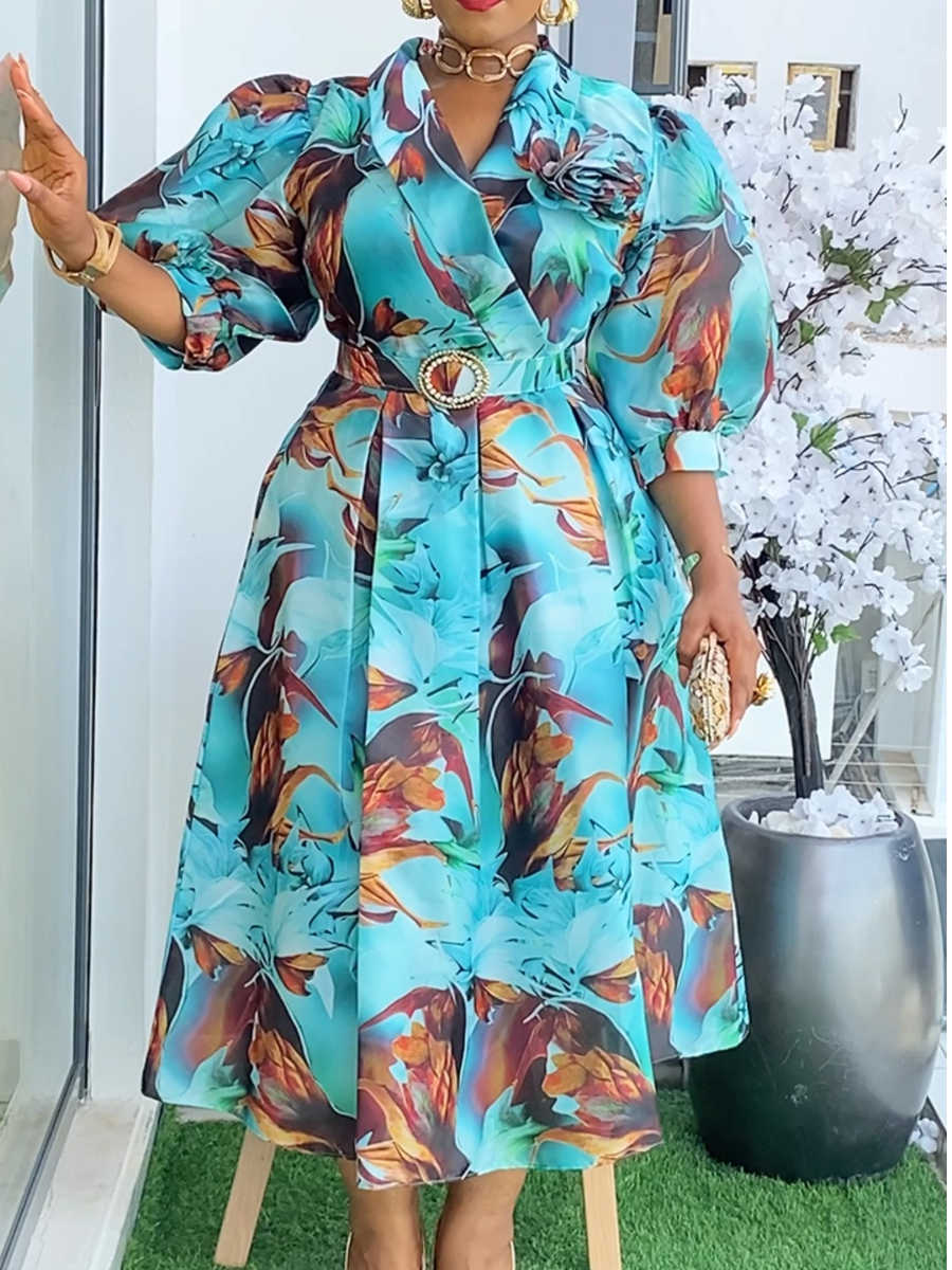 Three-dimensional Flower V-neck Dress