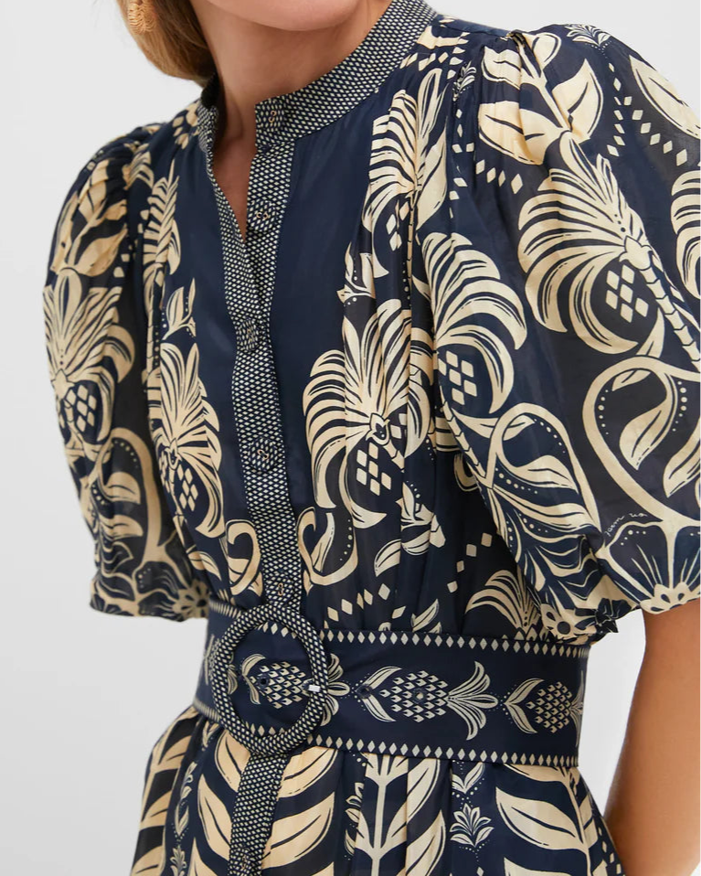 Printed Belted Mini Dress with Puff Sleeves