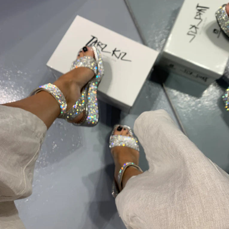 Rhinestone - Studded Square - Toe Chunky Heel Mules