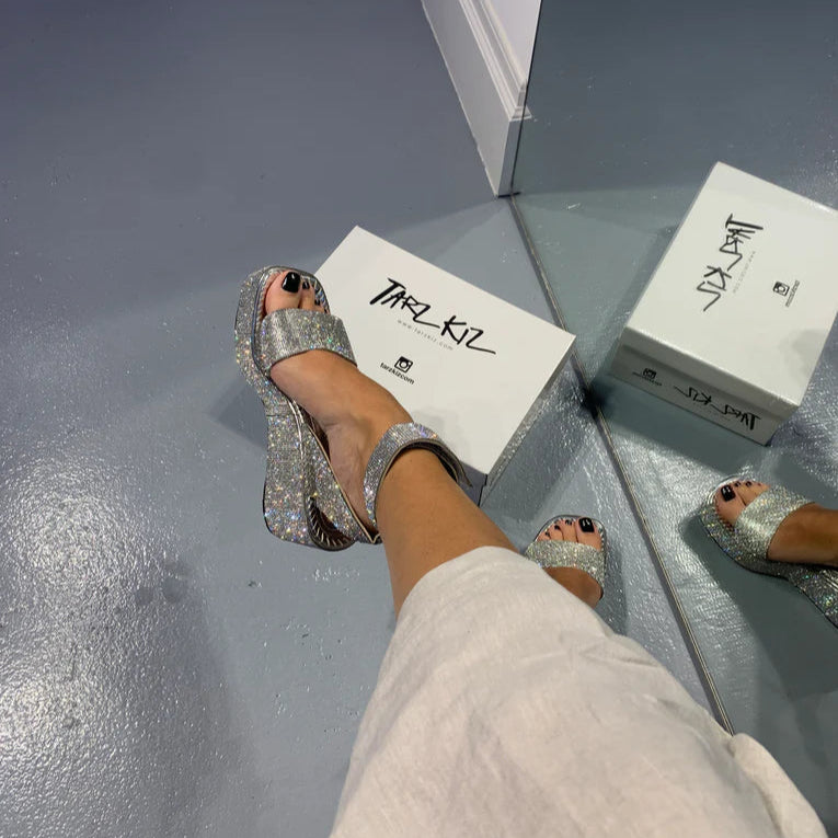Rhinestone - Studded Square - Toe Chunky Heel Mules