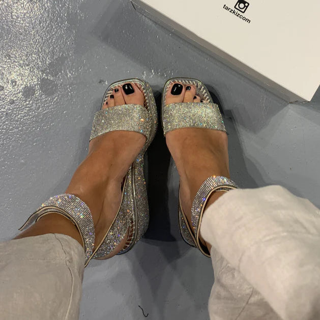 Rhinestone - Studded Square - Toe Chunky Heel Mules