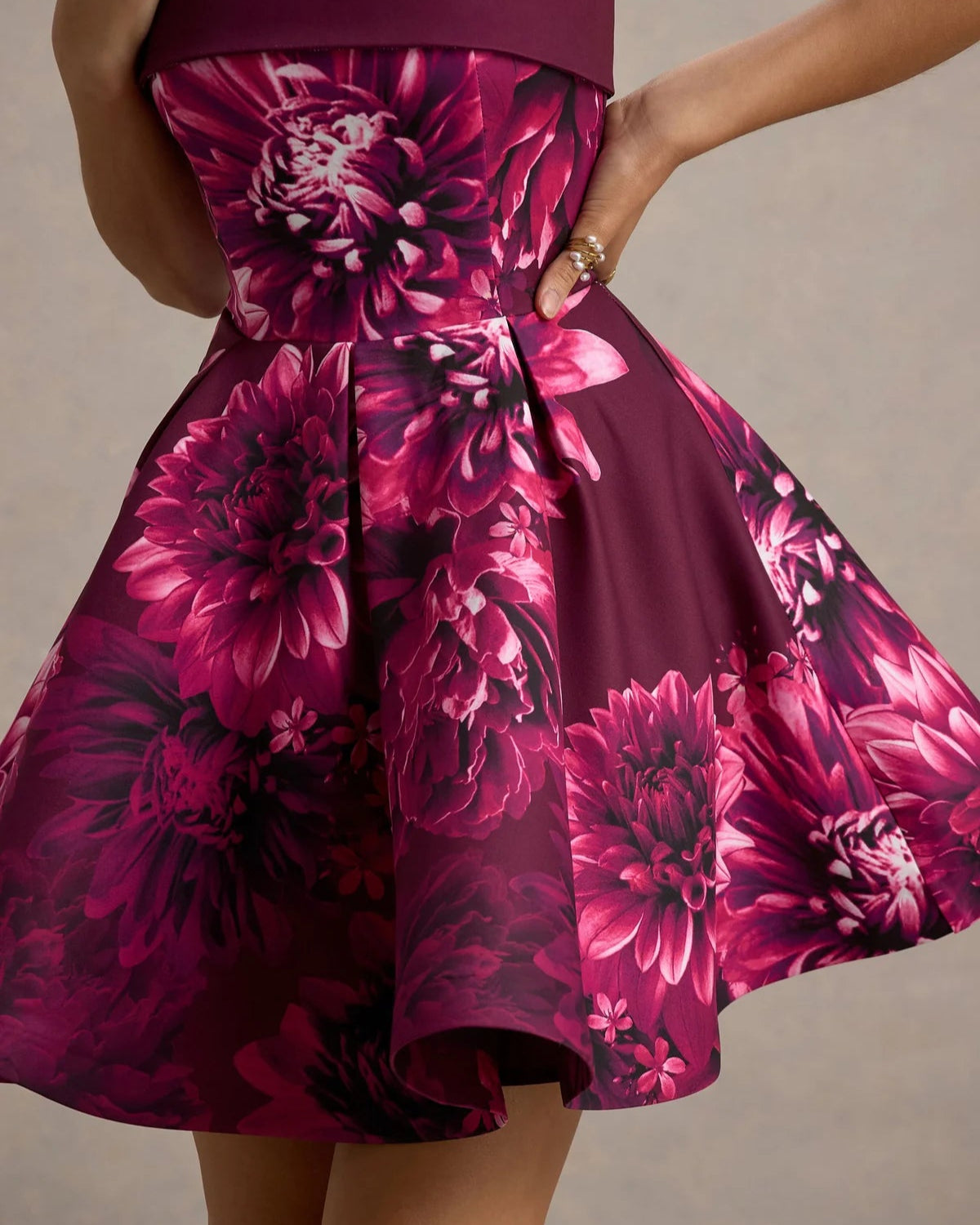 Burgundy Floral - Print Strapless Mini Dress