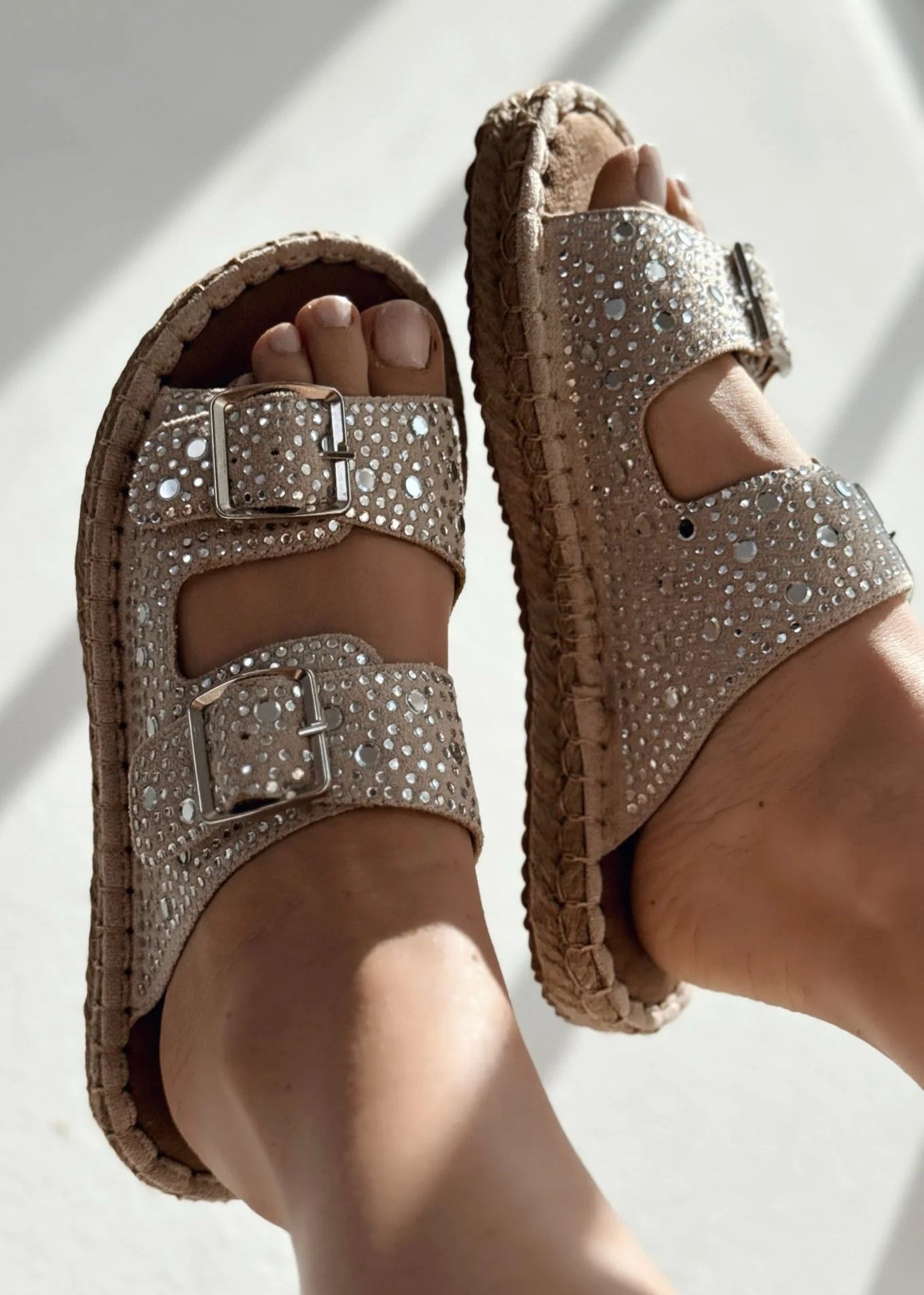 Rhinestone Double - Buckle Slide Sandals