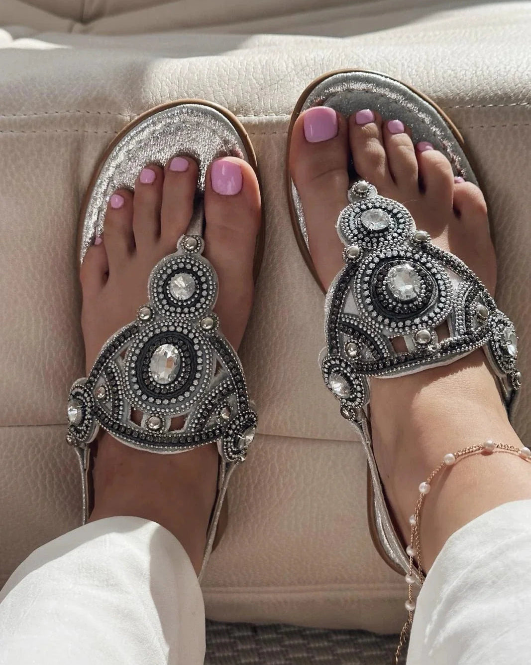 Ornate Rhinestone Thong Sandals