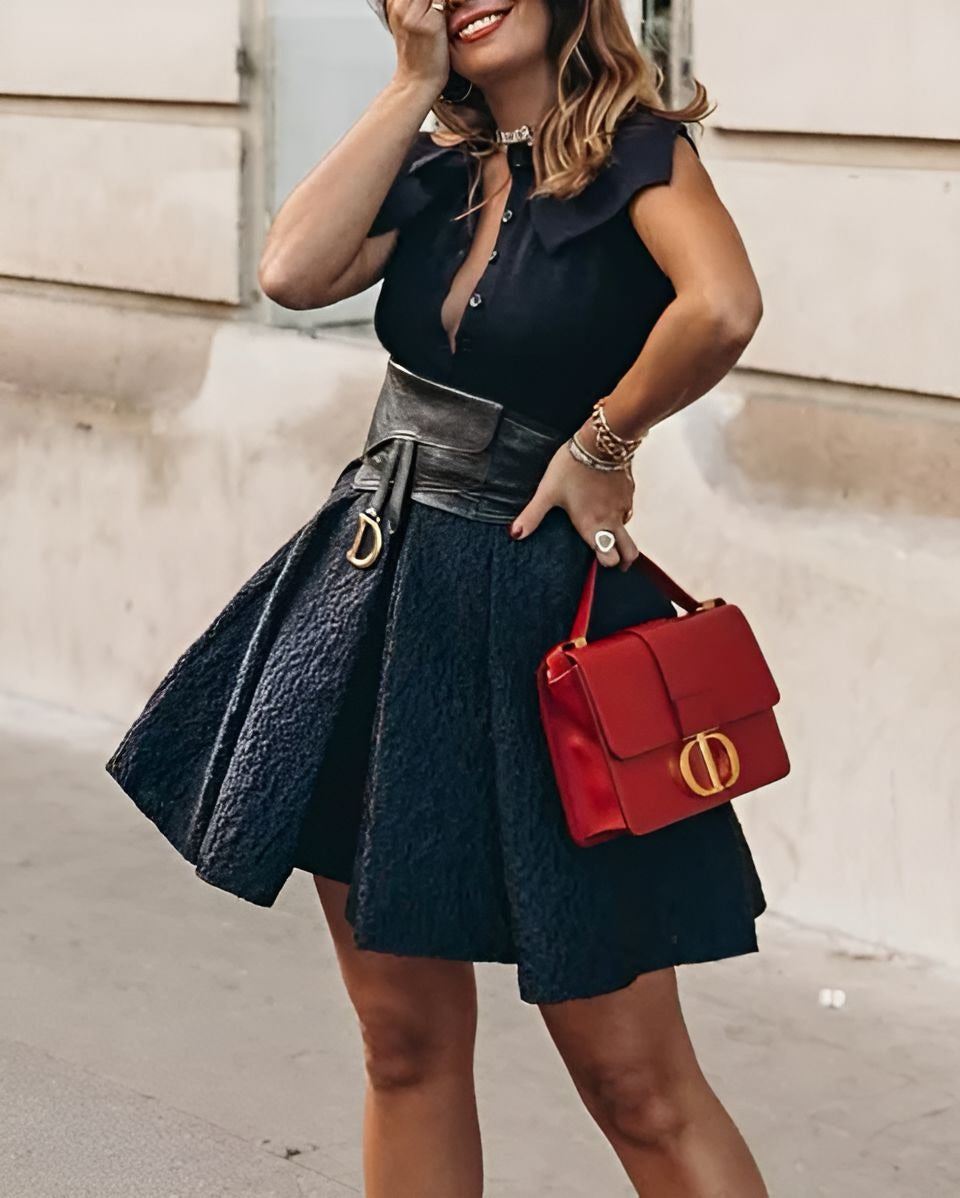 Structured Mini Dress – Leather Waist & Asymmetric Pleats