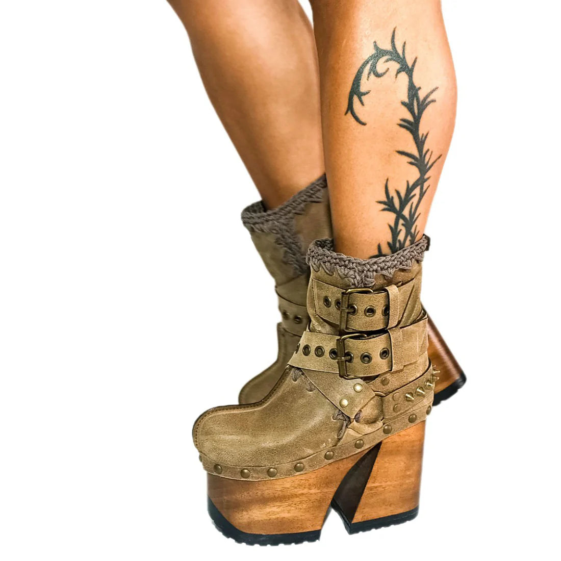 Brown Suede Studded Buckle - Strap Platform Clog Boots