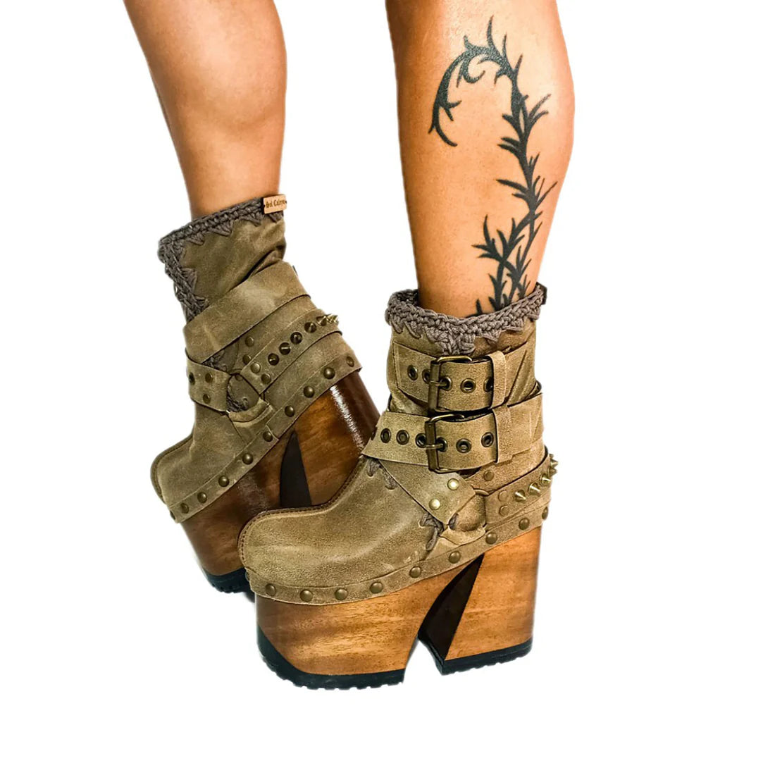 Brown Suede Studded Buckle - Strap Platform Clog Boots