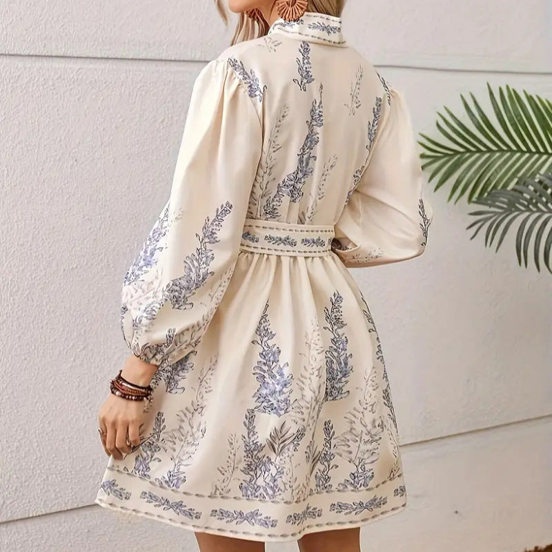 V-neck Fashion Printed Waist Long Sleeve Dress