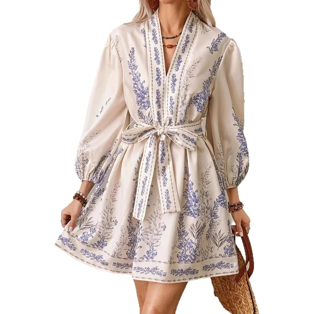 V-neck Fashion Printed Waist Long Sleeve Dress
