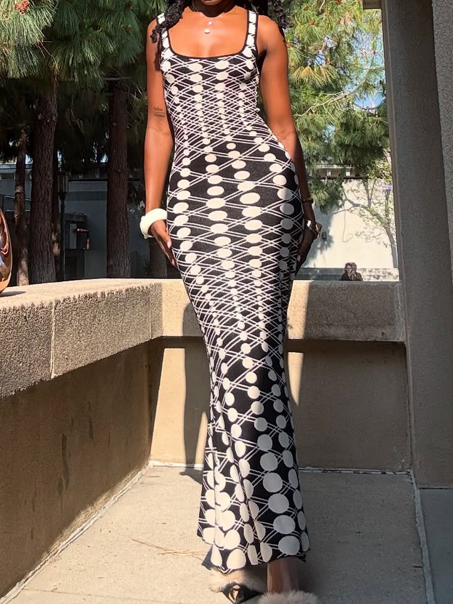 （Limited time offer 43$💥）Black & White Geometric - Print Bodycon Maxi Dress