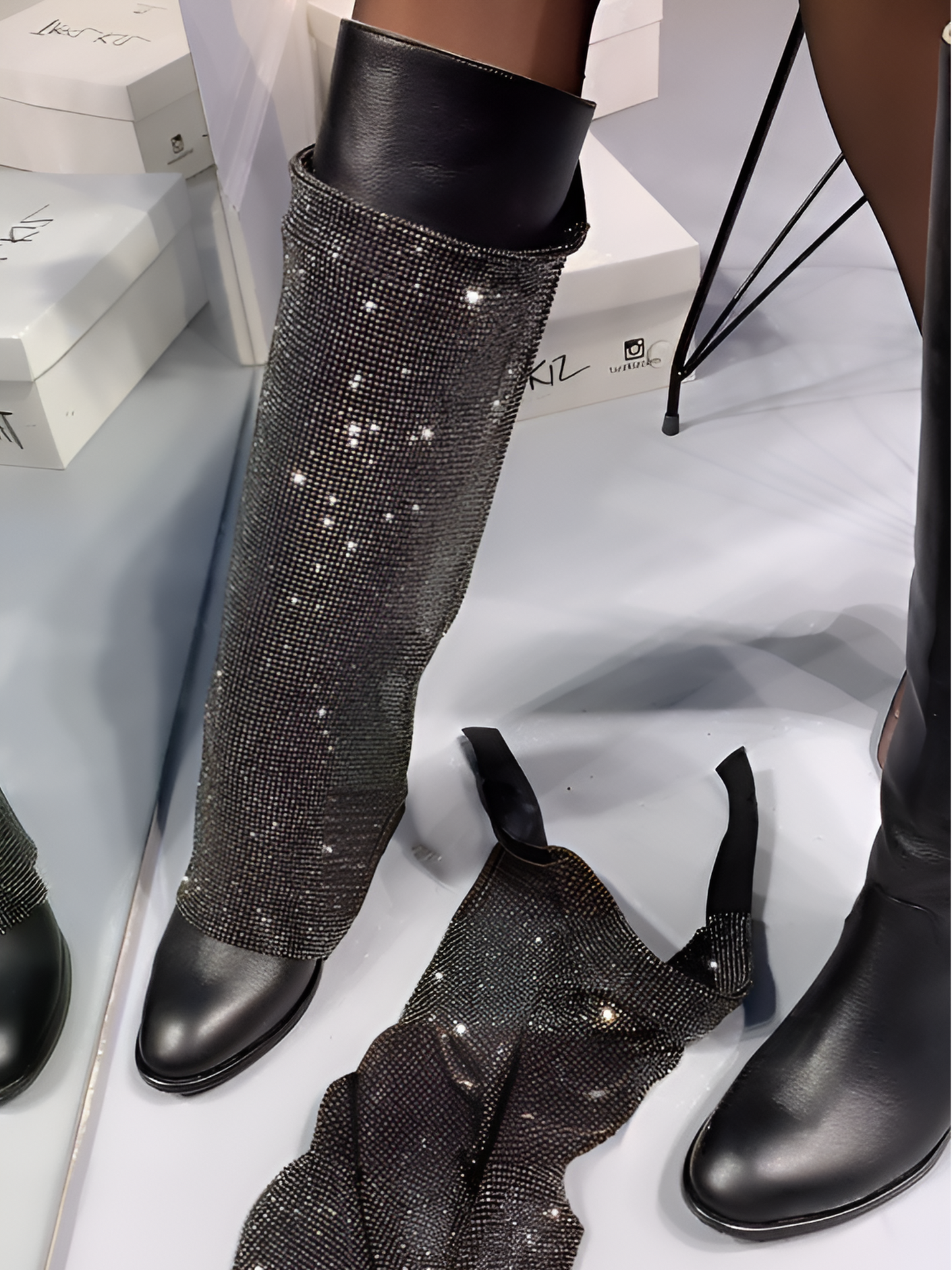 Black Rhinestone Knee High Boots