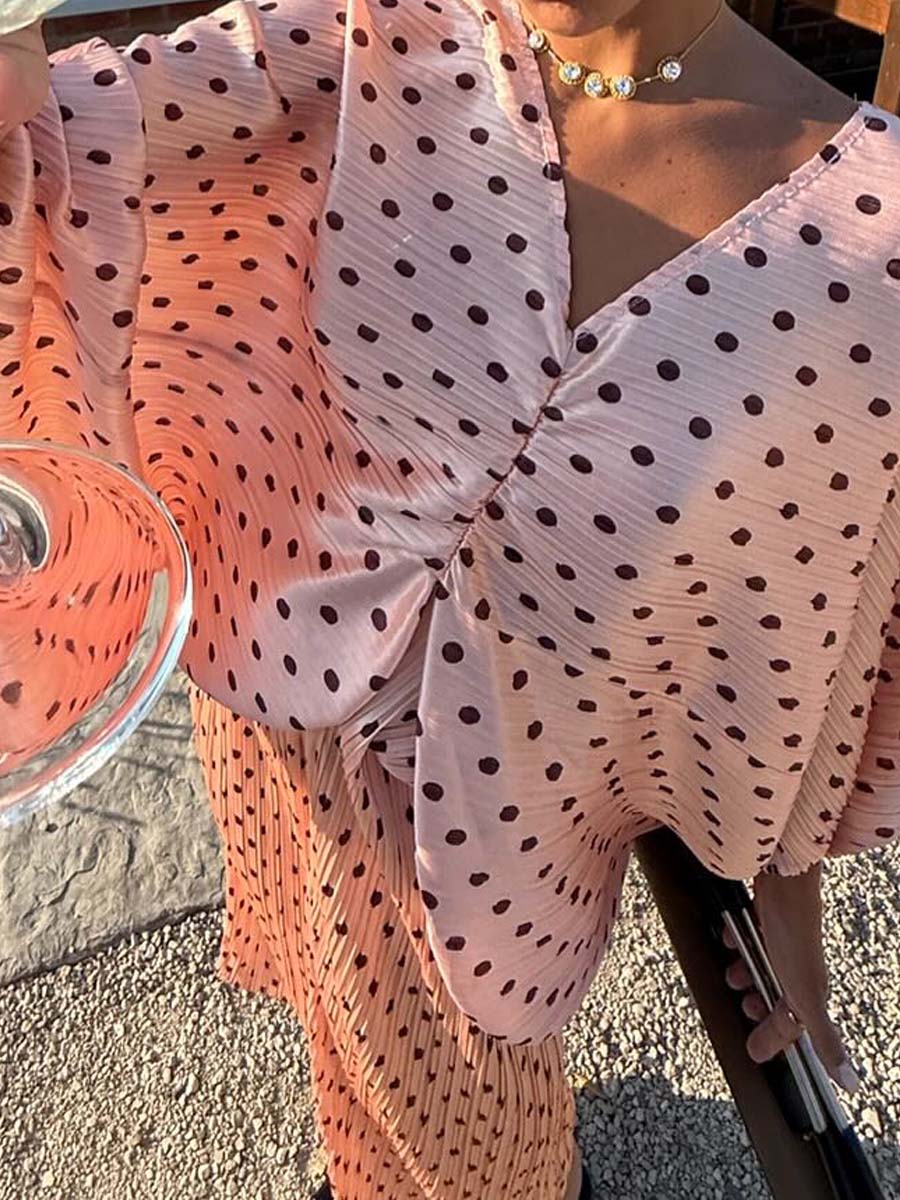 Polka Dot V Neck Pleated Dress