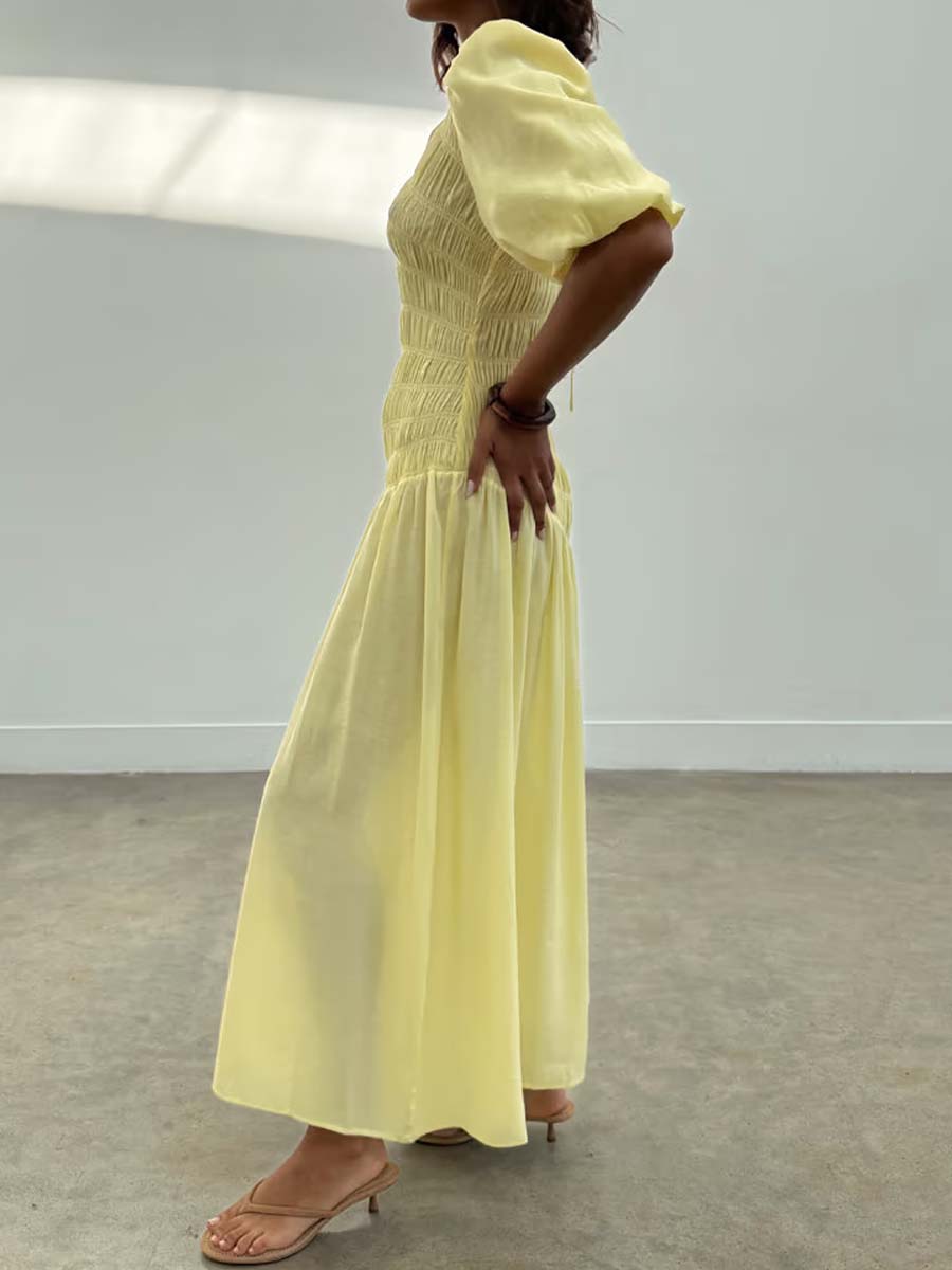 Elastic Shirring Tie Neck Dress