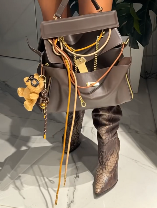 Brown Multi - Strap Tote with Teddy Charm