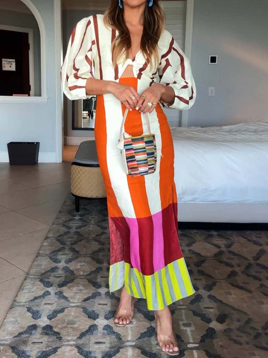 Printed V Neck Cut Out Maxi Dress