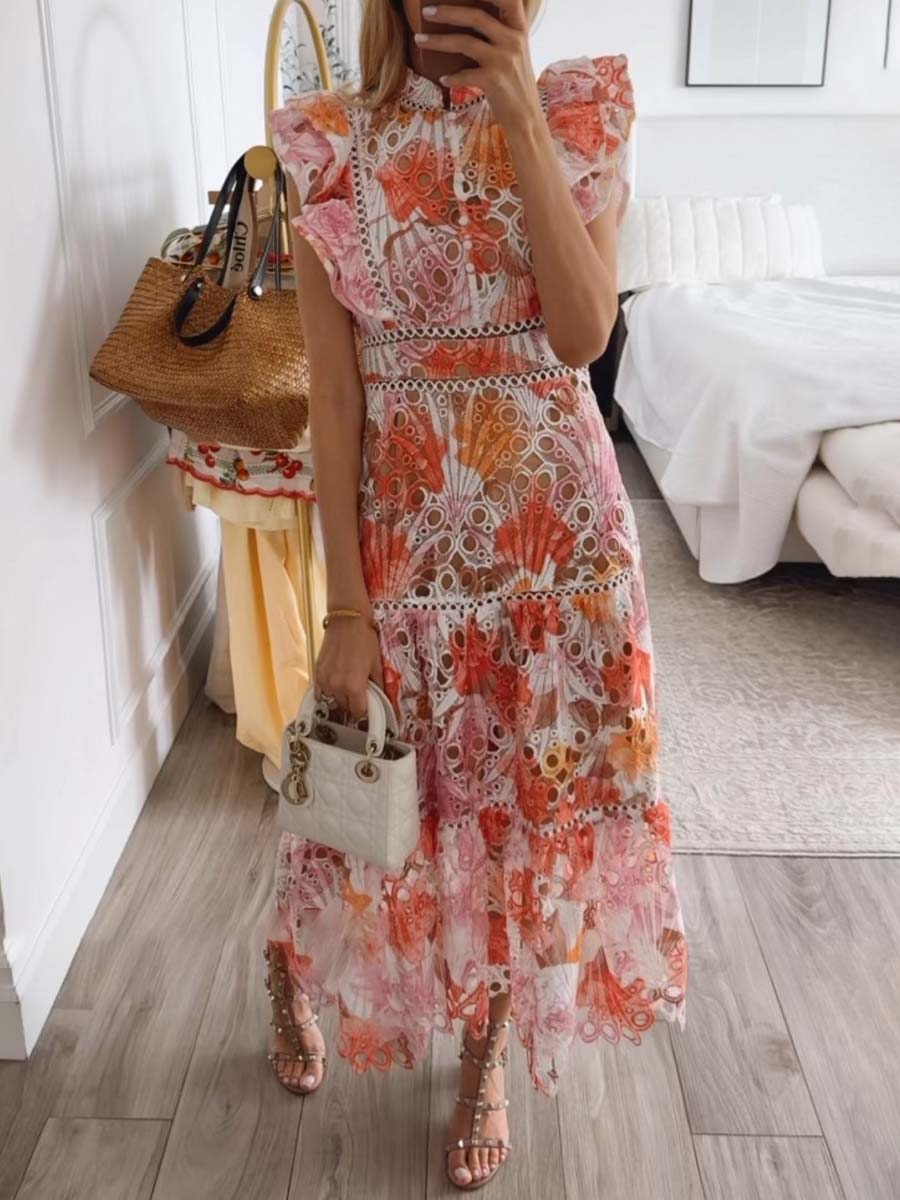 Stand Collar Sleeveless Cut-out Embroidered Dress