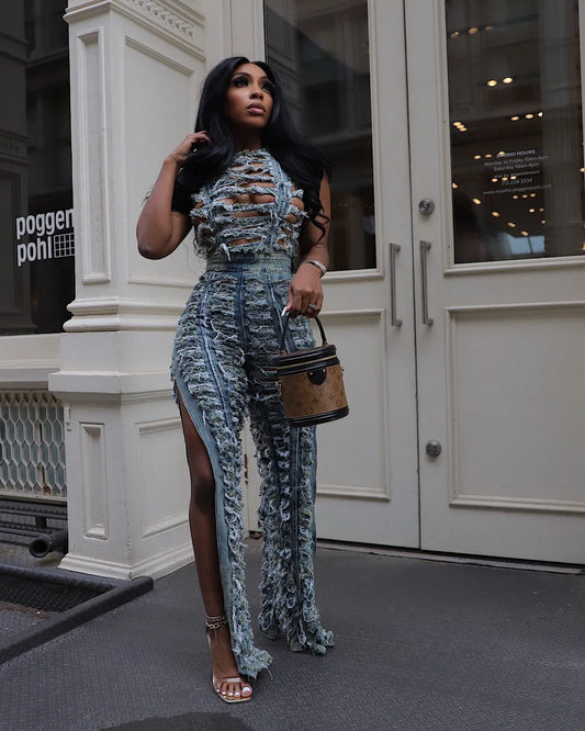 ripped denim jumpsuit