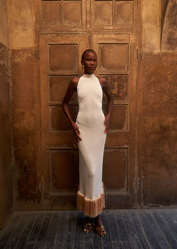 Halter Neck Open Back Fringe Hem Dress