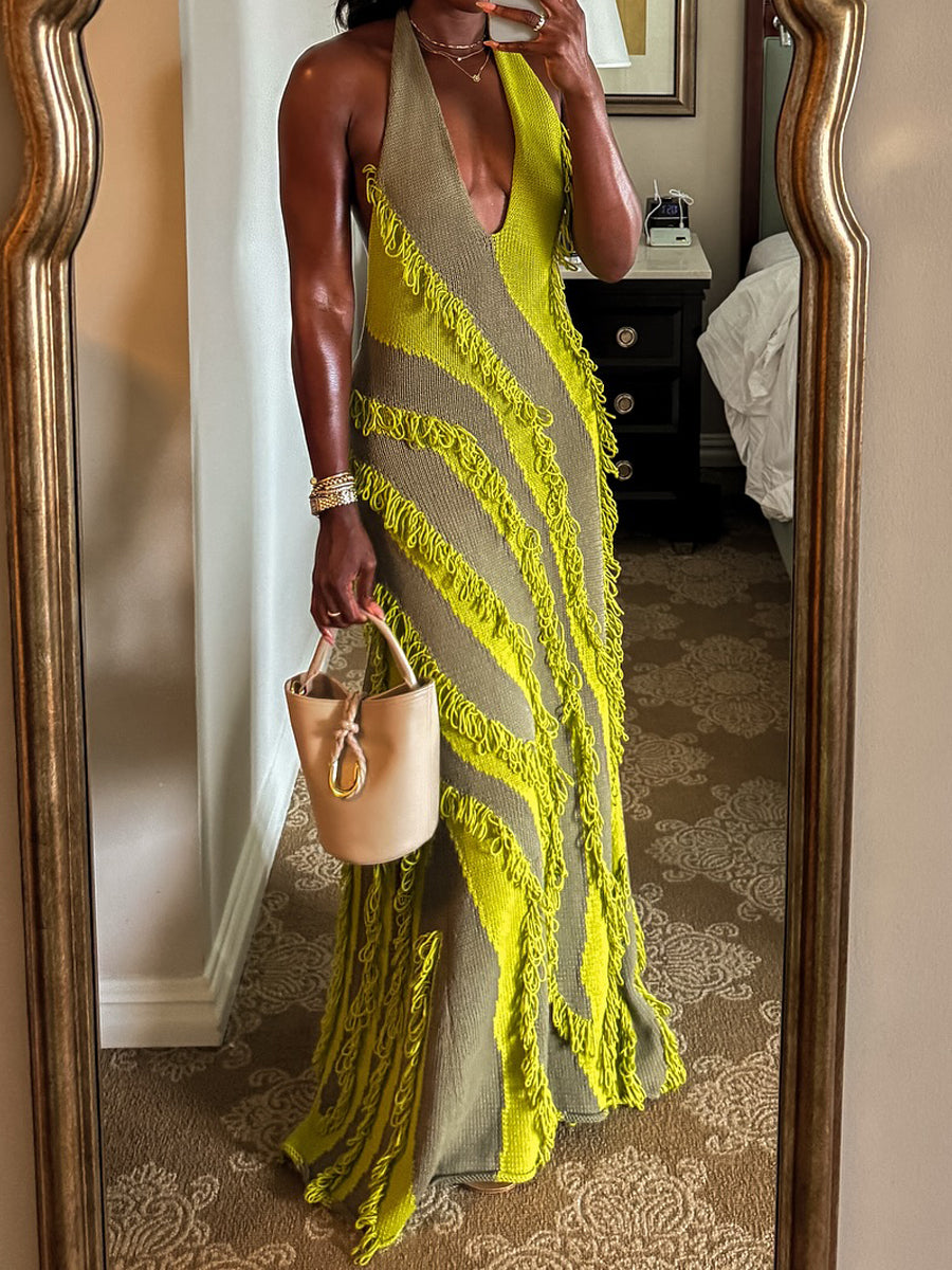 Tassel Halter Neck Color Block Maxi Dress