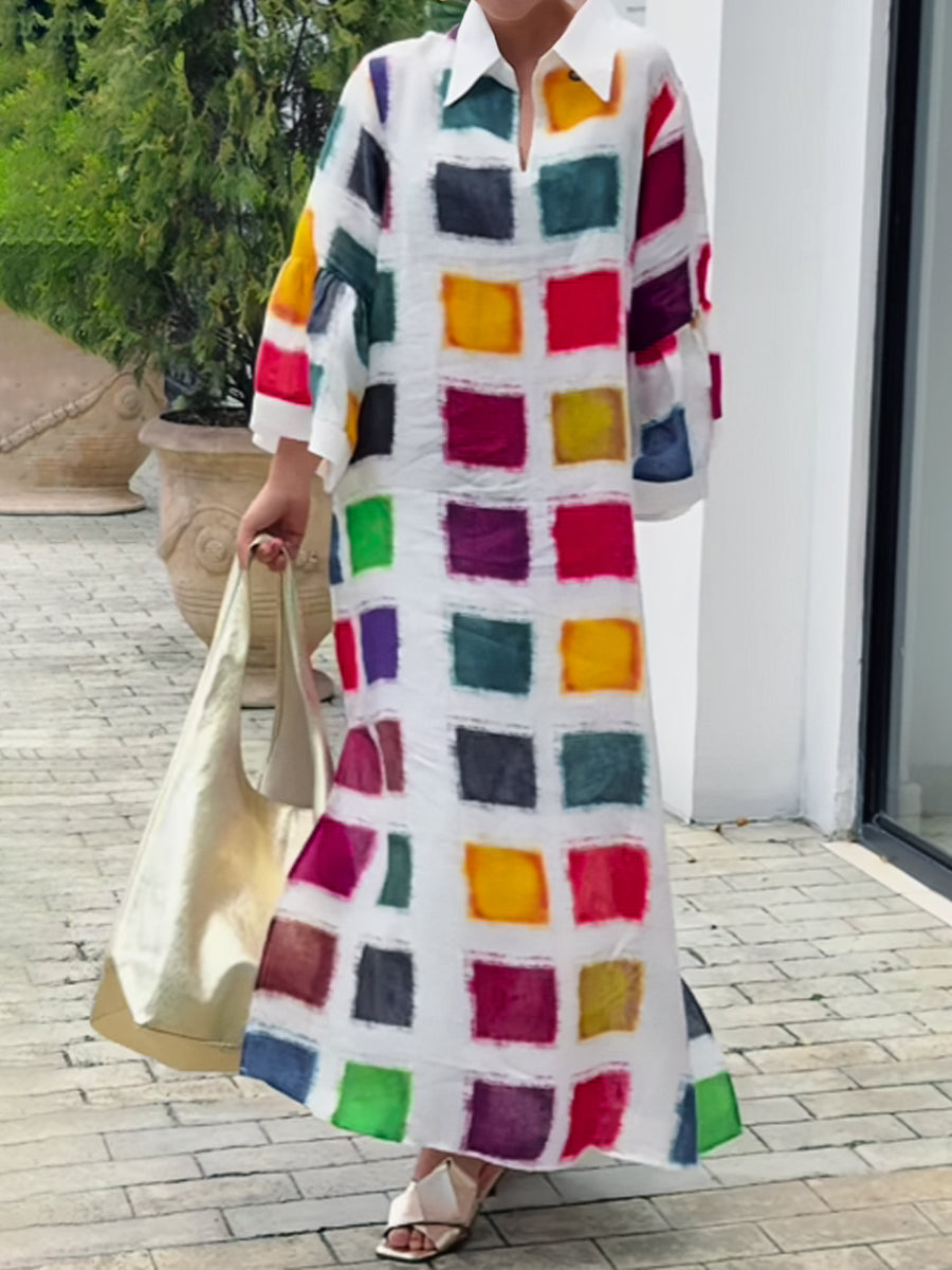 Plaid Horn Sleeve Loose Dress