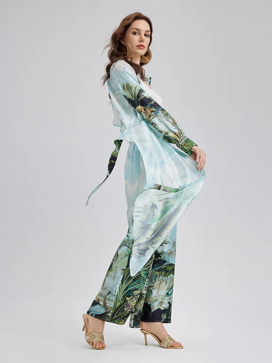 Tropical Print Shirt & Wide - Leg Pants Set