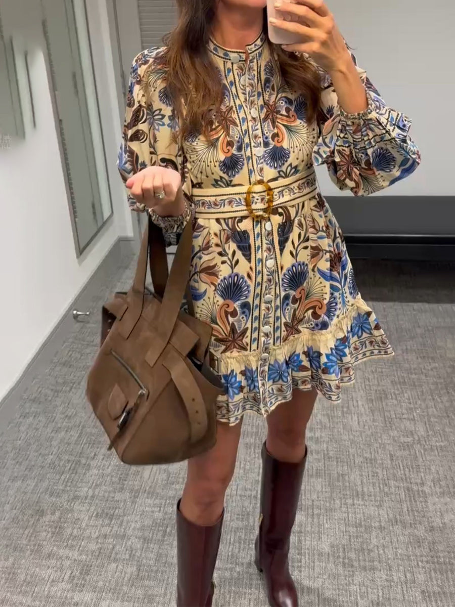 Printed Long Sleeve Belted Minidress