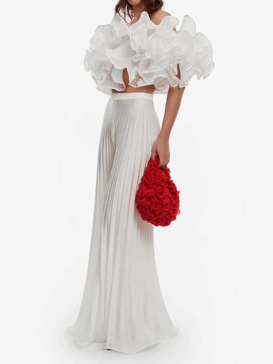 Off Shoulder Flowers Pleated Two Pieces Set