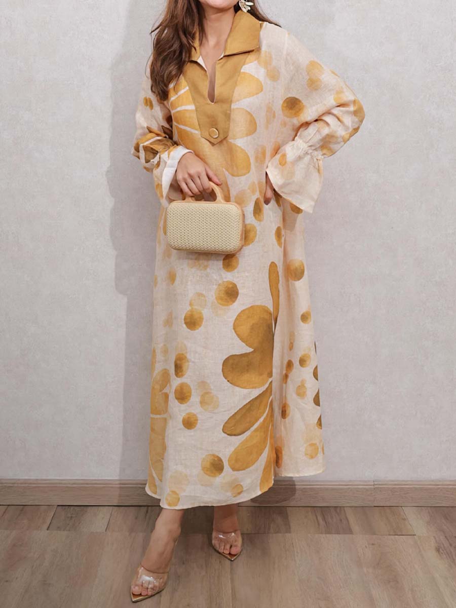 Printed Split Neck Slit Hem Loose Dress